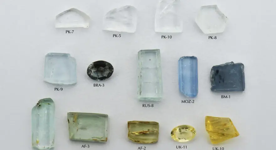 A collection of raw and cut gemstones, including a yellow heliodor gemstone, aquamarines, and other beryl varieties, displayed on a white background.