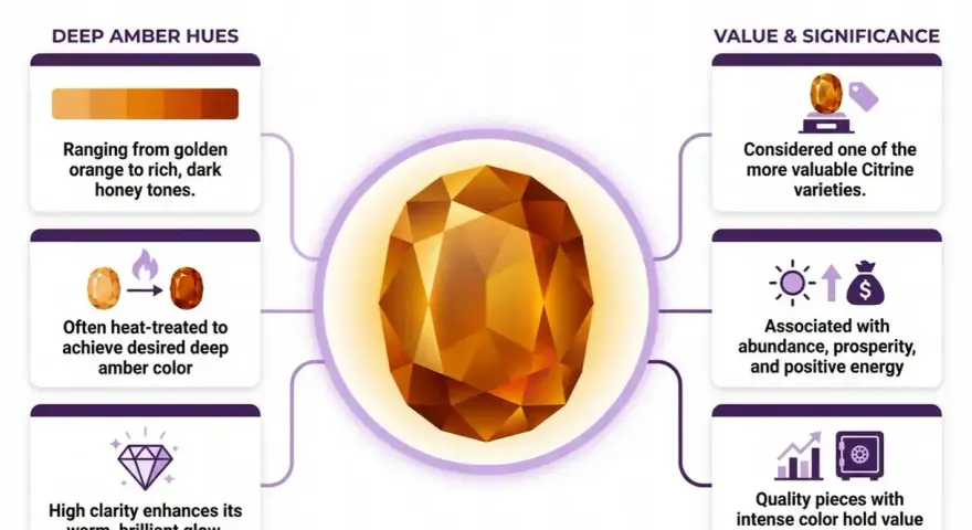 Madeira Citrine, a valuable variety, boasts deep amber hues. Its rich color, often heat-treated, and high clarity contribute to its worth, making it a stone associated with prosperity.