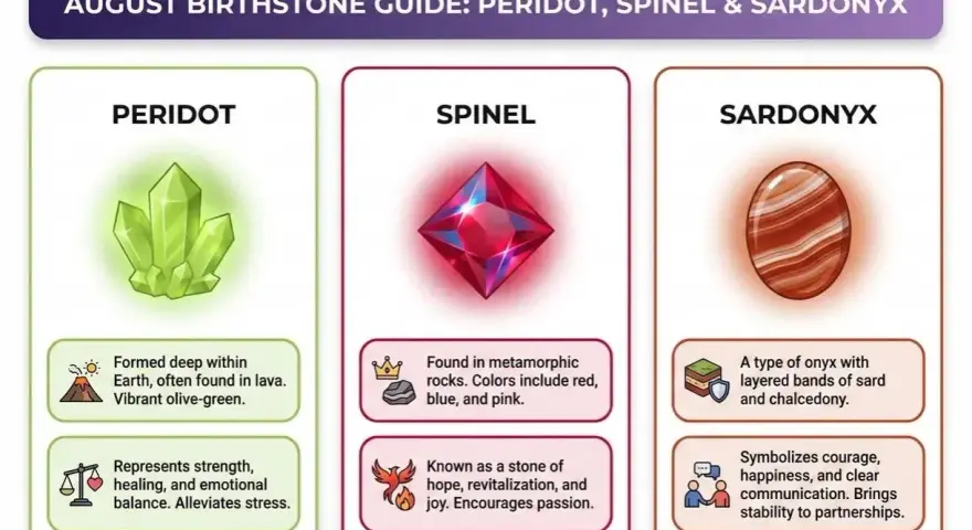 August birthstone guide: Peridot, Spinel, and Sardonyx. Peridot is a vibrant olive-green stone.