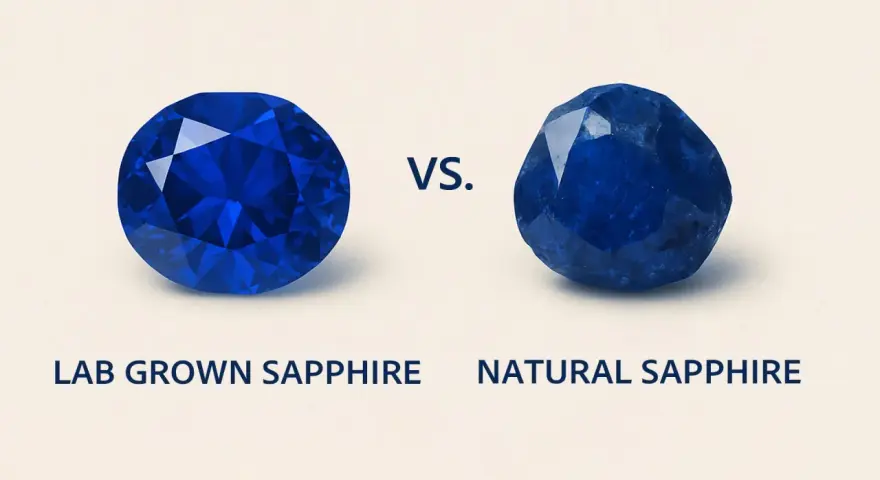 A faceted lab-grown sapphire and a rough natural sapphire are shown side-by-side, illustrating where sapphires are found.