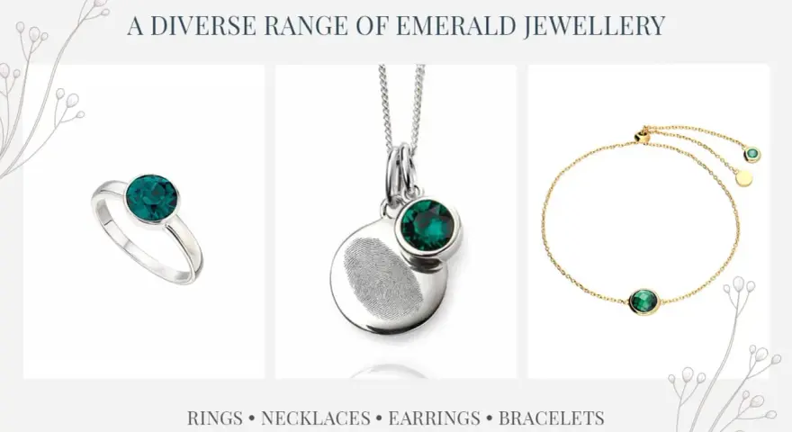 A silver ring, a fingerprint pendant necklace, and a gold bracelet, all featuring a vibrant emerald birthstone.