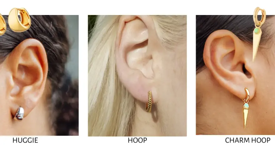 Close-up of ears showcasing different earring styles: huggie earrings, a twisted hoop, and a charm hoop with a spike pendant.