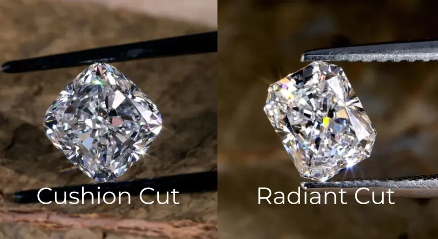Side-by-side comparison of a cushion cut diamond and a radiant cut diamond, showcasing their distinct facets and brilliance.