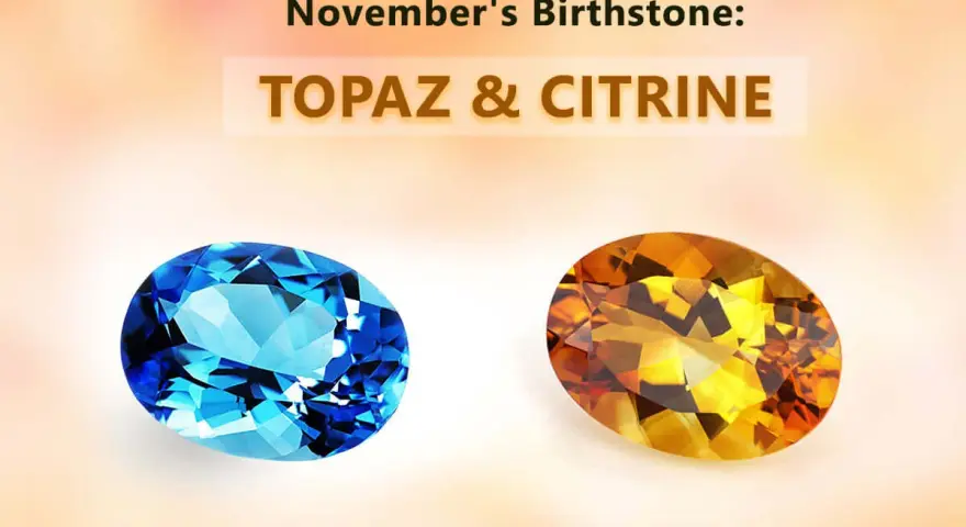 Two oval gemstones, a vibrant blue topaz and a warm citrine, represent November's birthstone.