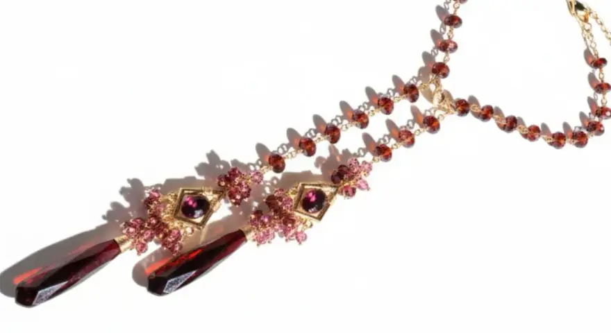 A gold necklace with various types of garnet, featuring deep red teardrop pendants and smaller faceted garnets in a rich, warm hue.