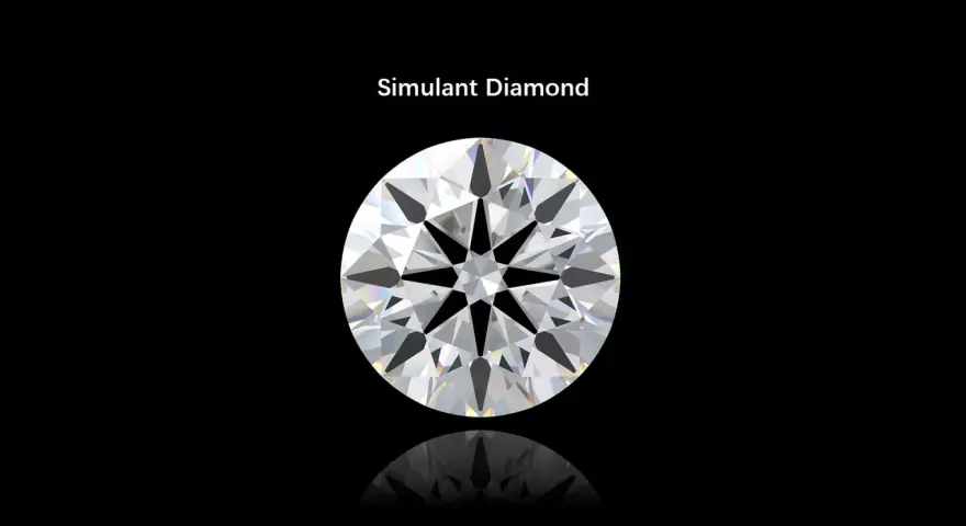 A brilliant round cut simulant diamond sparkles against a black background, showcasing its facets and fire.