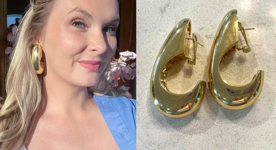 A woman models bold, chunky gold hoop earrings. A separate image shows a pair of these stylish types of hoop earrings.