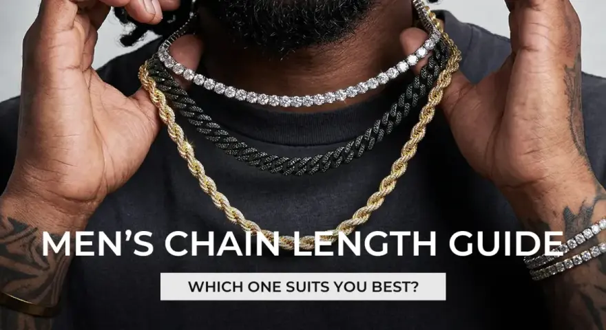 A man displays three chains: a diamond tennis chain, a black cuban link, and a gold rope chain. Learn how long is a 22 inch chain.