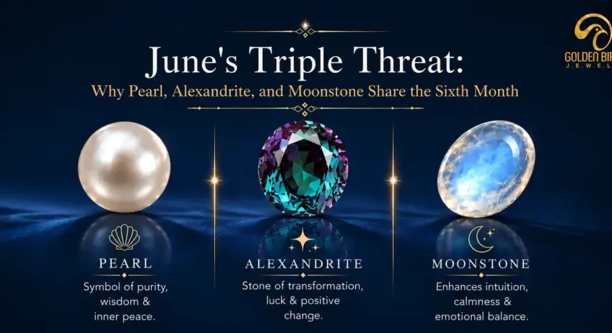 June's birthstone trio: Pearl, Alexandrite, and Moonstone, each with unique symbolism for the sixth month.