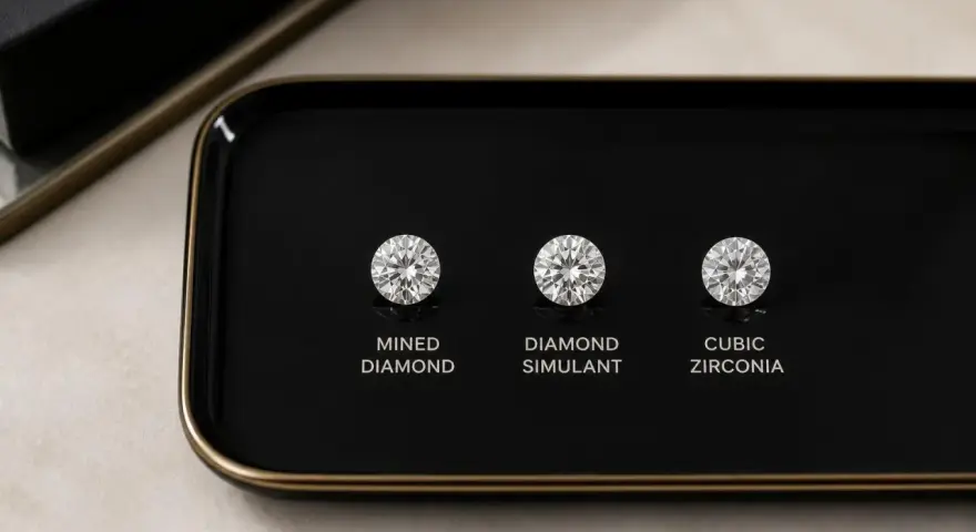 Three round brilliant cuts: a mined diamond, a diamond simulant, and cubic zirconia, displayed on a black tray.