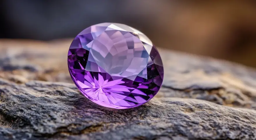 A faceted amethyst, the beautiful feb birthstone, rests on a textured rock.