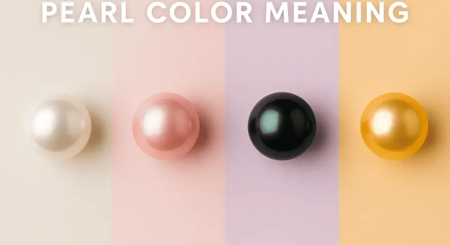 Four pearls—white, pink, black, and gold—are displayed, hinting at the pearl color meaning and their symbolic significance.
