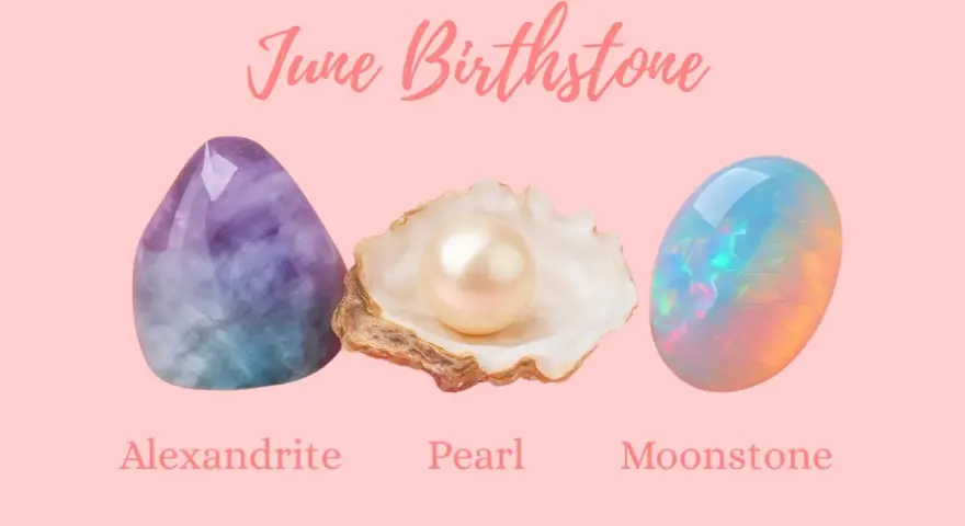 June birthstone options: Alexandrite, Pearl, and Moonstone. Each offers unique beauty for those born in June.