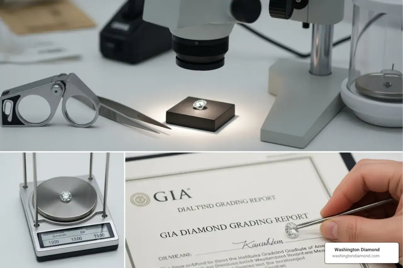 Tools for diamond appraisal: a loupe, tweezers, a scale, and a GIA grading report.