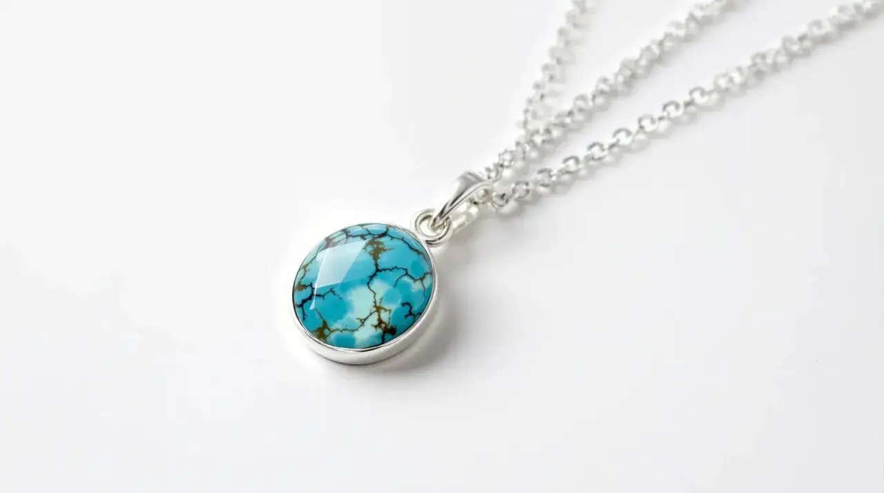 A silver necklace with a round, faceted turquoise pendant, a beautiful sagittarius stone, rests on a white surface.