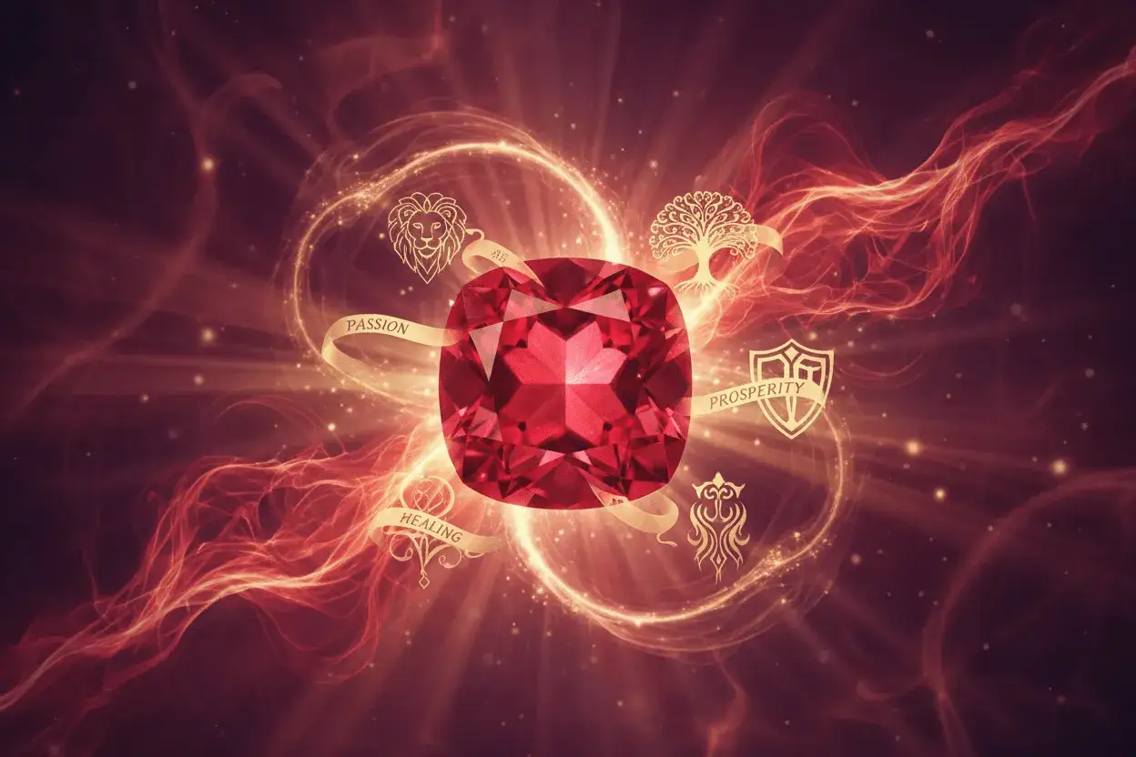 A radiant ruby, symbolizing passion, healing, and prosperity, glows amidst fiery energy and mystical symbols.