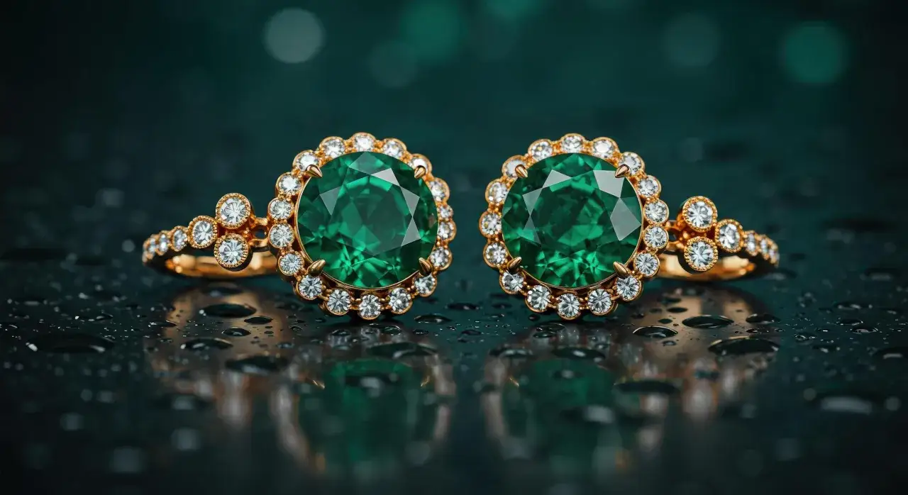 Two exquisite gold rings, each featuring a large, brilliant emerald birthstone surrounded by smaller diamonds, rest on a dark, wet surface.