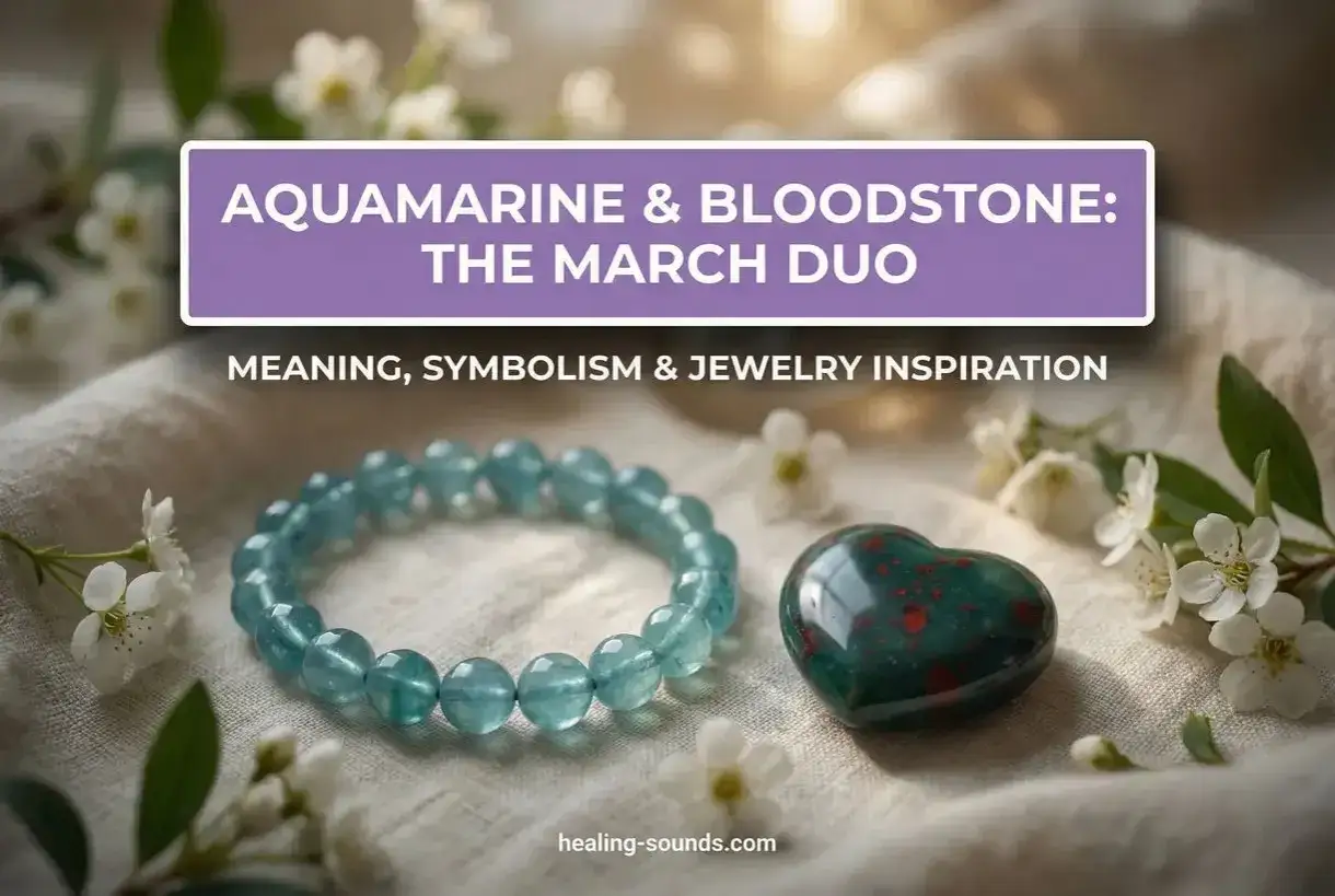 Aquamarine and bloodstone, the march 6 birthstone duo, are showcased with a bracelet and heart-shaped stone.