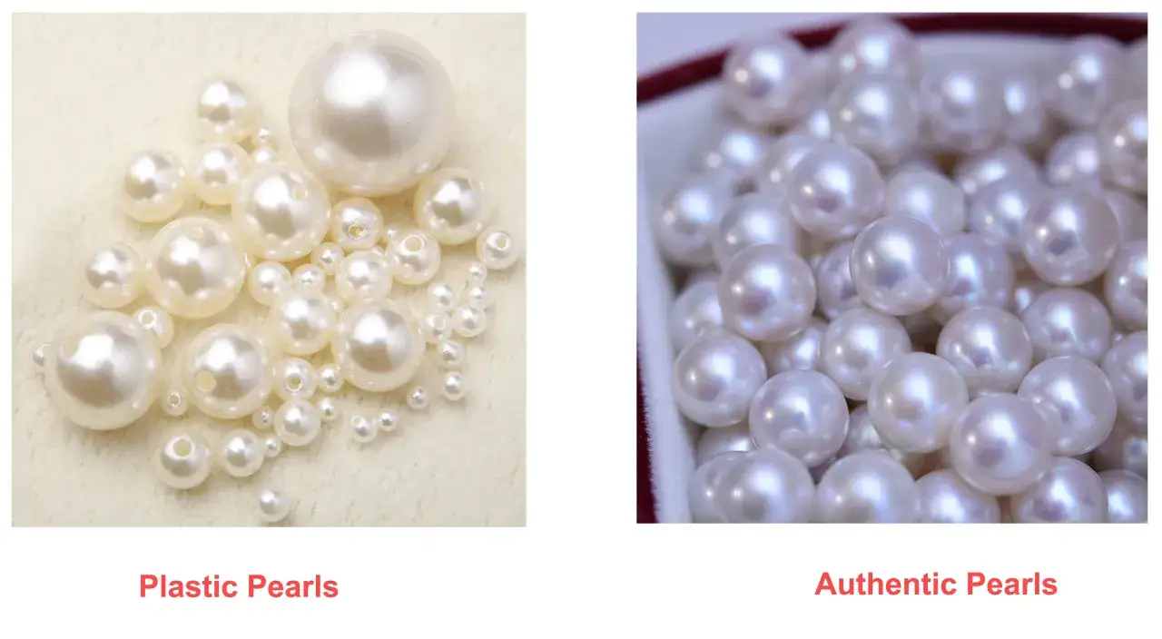 Left: plastic pearls with visible holes. Right: authentic pearls with subtle luster. See how can you tell real pearls from fake pearls.