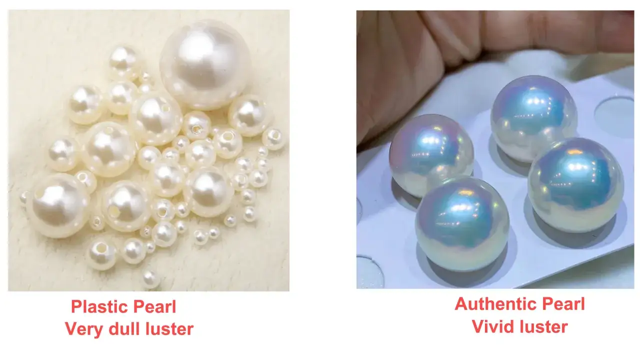 Compare dull plastic pearls to authentic pearls with vivid luster to learn how to tell if pearls are real.