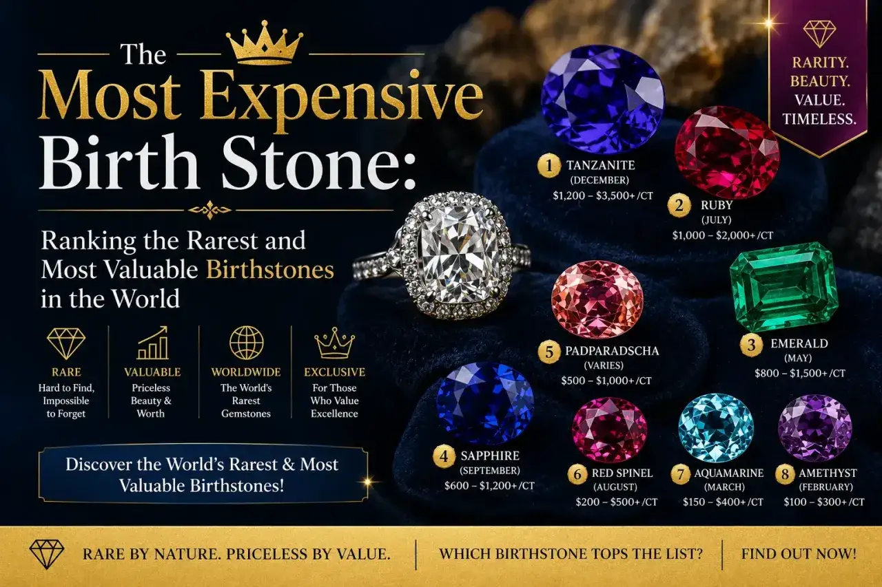 The most expensive birthstone ranking features Tanzanite, Ruby, and Emerald, showcasing rare and valuable gems.