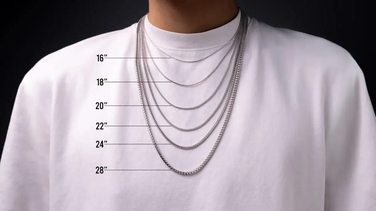 A person wears multiple silver chains of varying lengths, with lines indicating sizes from 16