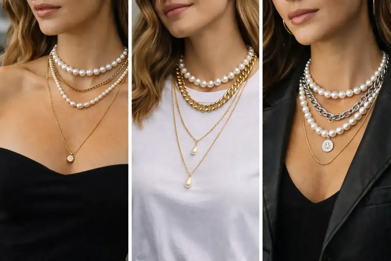 Three women showcase layered necklaces, featuring pearl strands and gold chains. A perfect pearl june accessory for any occasion.