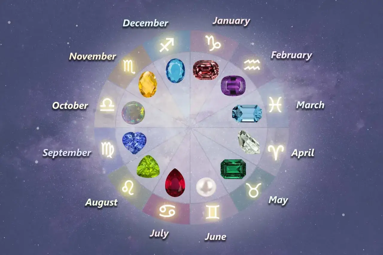 A circular chart displays zodiac signs and their corresponding zodiac birthstones, with each month and gemstone beautifully represented against a starry night sky.