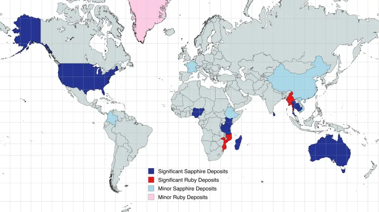 Map shows where are sapphires found: significant deposits in USA, Australia, Nigeria, Madagascar. Minor deposits in China, France, Colombia.