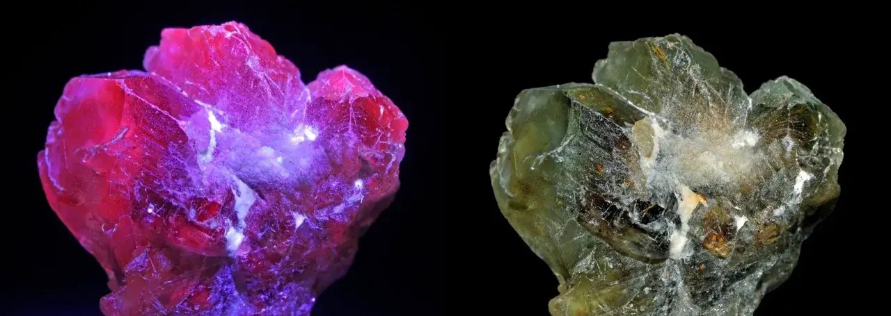 Two crystals, one glowing pink under UV light, the other green. This showcases the alexandrite stone meaning of transformation and duality.