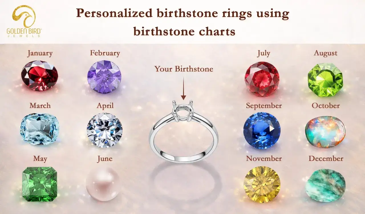 A chart displays birthstones for each month, from January's red garnet to December's green stone, surrounding a ring setting.