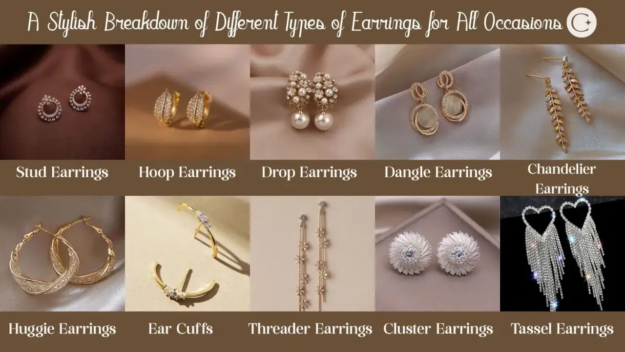 A stylish breakdown of different kinds of earrings: stud, hoop, drop, dangle, chandelier, huggie, ear cuffs, threader, cluster, and tassel.