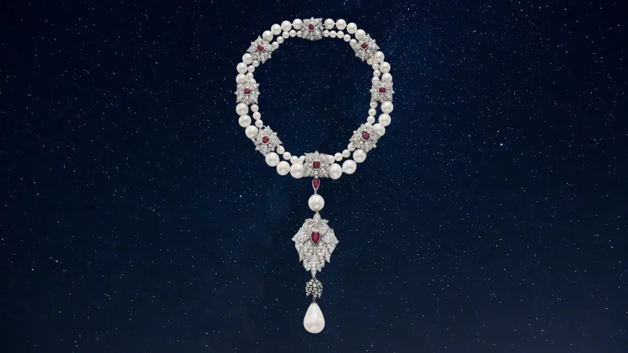 A stunning pearl and ruby necklace, reminiscent of 