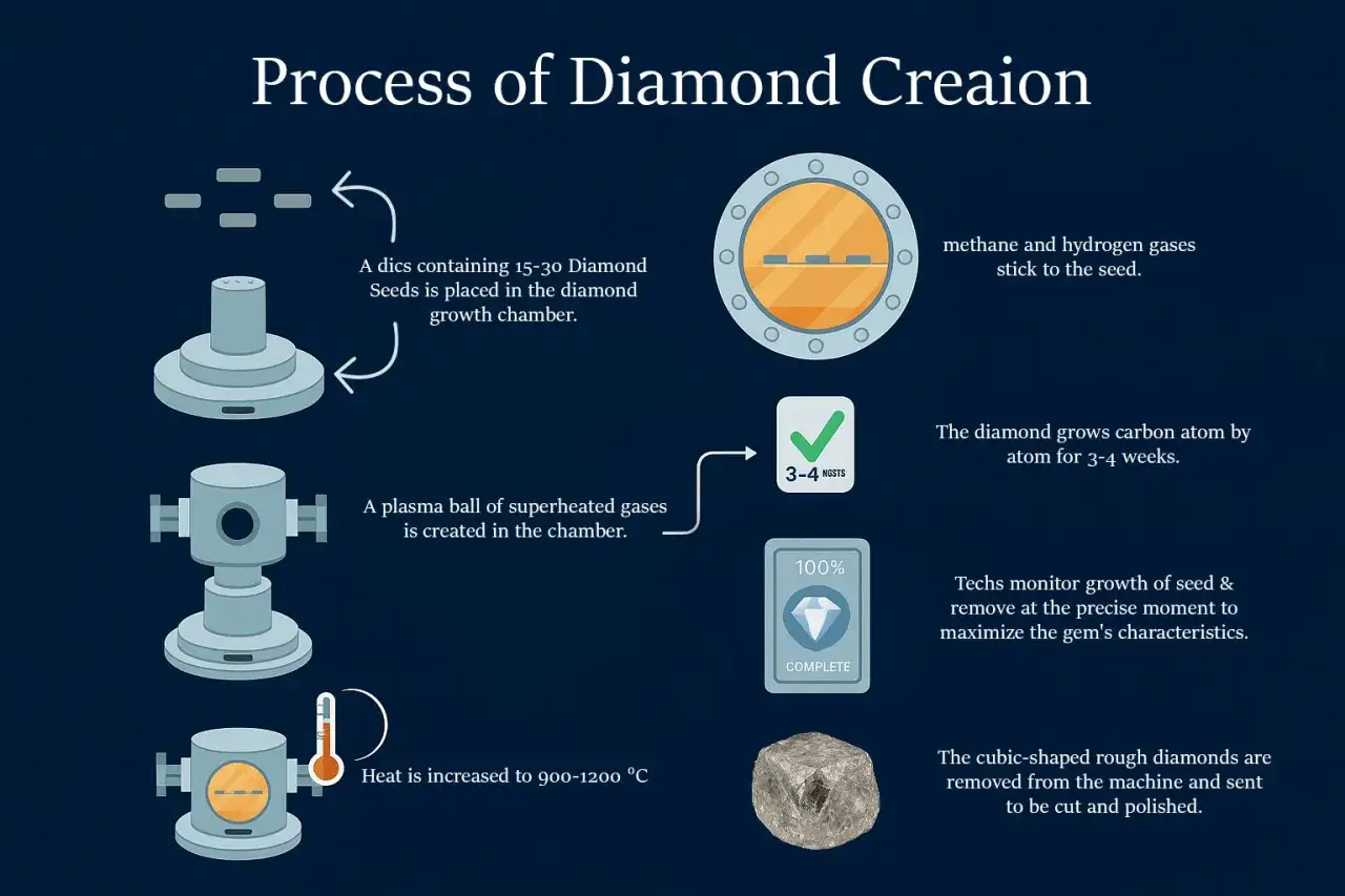 Learn how diamonds are grown in a lab: seeds are placed in a chamber, heated, and fed gases. Diamonds grow atom by atom over weeks.