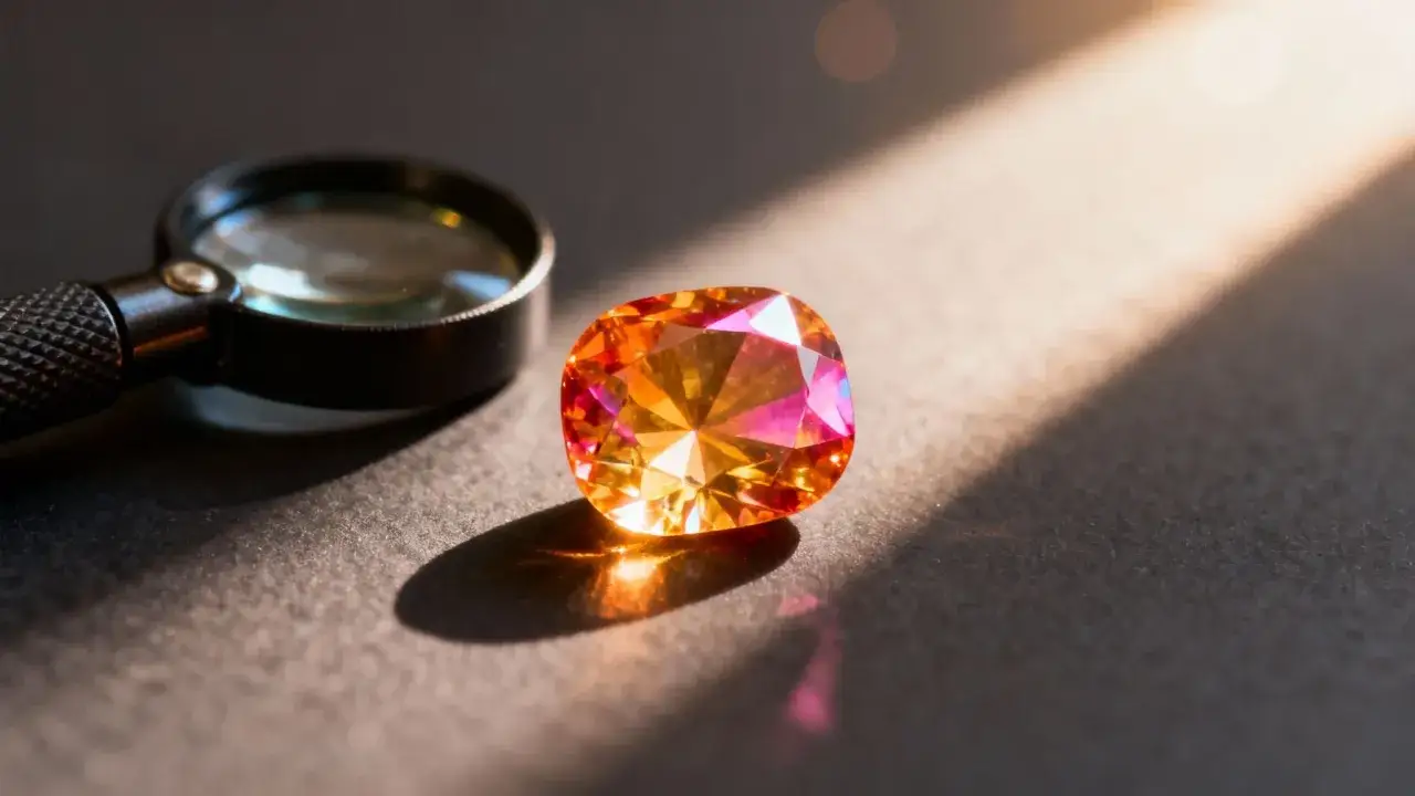 A faceted gemstone, possibly topaz, glows with warm orange and pink hues. A magnifying glass sits nearby, hinting at the question: how much is topaz worth?