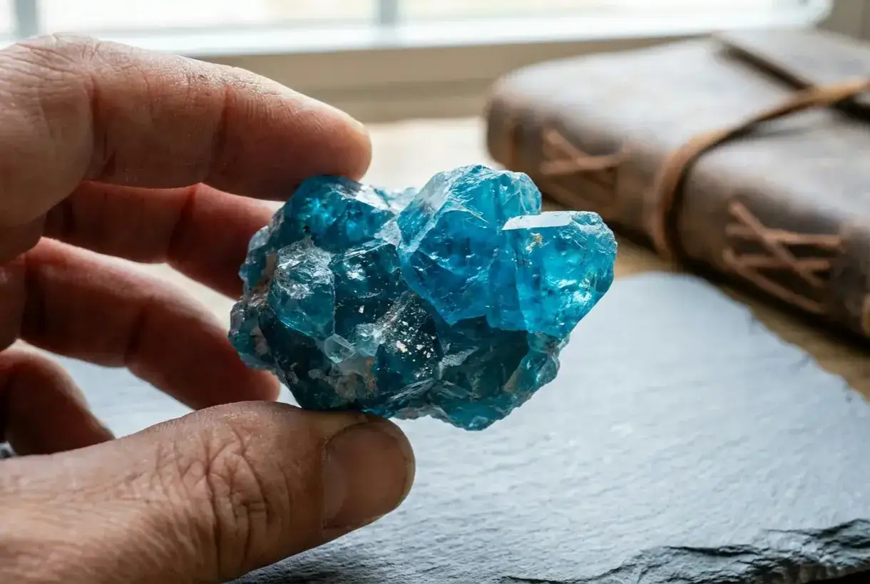 A hand holds a cluster of raw, vibrant blue apatite crystals. The apatite crystal meaning is often associated with inspiration and clarity.