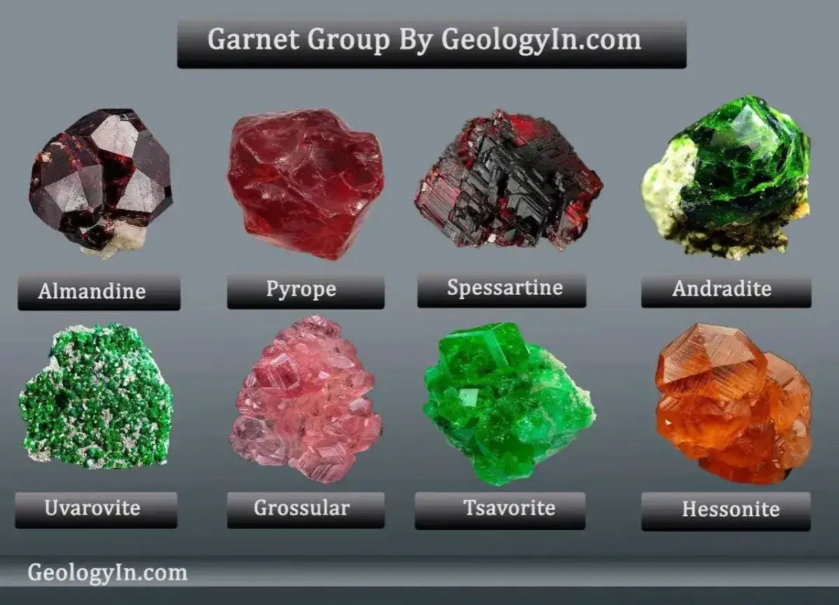 A display of eight different types of garnet: Almandine, Pyrope, Spessartine, Andradite, Uvarovite, Grossular, Tsavorite, and Hessonite.