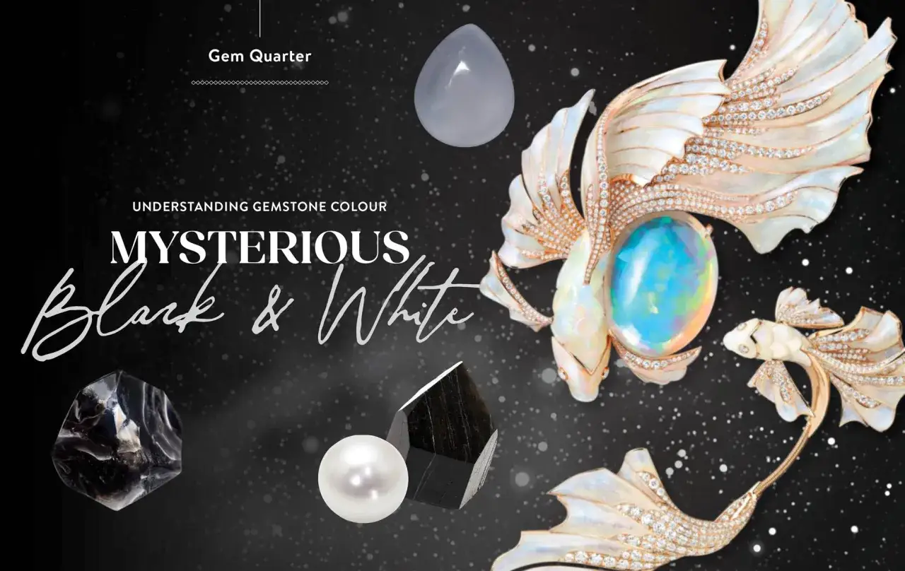 Mysterious black and white gemstone collection, featuring a smoky quartz, a black tourmaline, and a pearl, alongside a dazzling opal fish brooch.