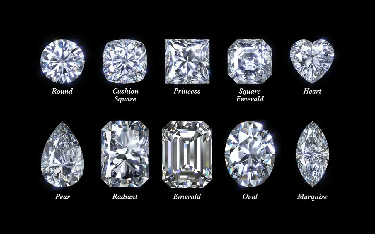 Various diamond cuts: Round, Cushion Square, Princess, Square Emerald, Heart, Pear, Radiant, Emerald, Oval, and Marquise. A visual guide to simulated diamond vs synthetic diamond options.