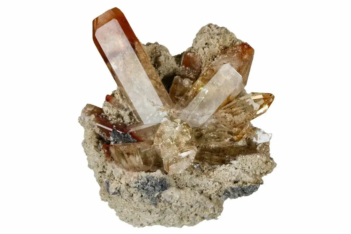 Cluster of clear and amber topaz crystals, showing where topaz is found in mineral deposits.
