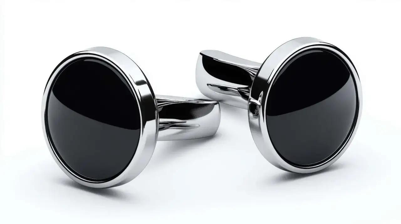 Sleek, silver cufflinks with black, glossy faces. These elegant accessories are perfect for formal wear, adding a touch of sophistication to any shirt.
