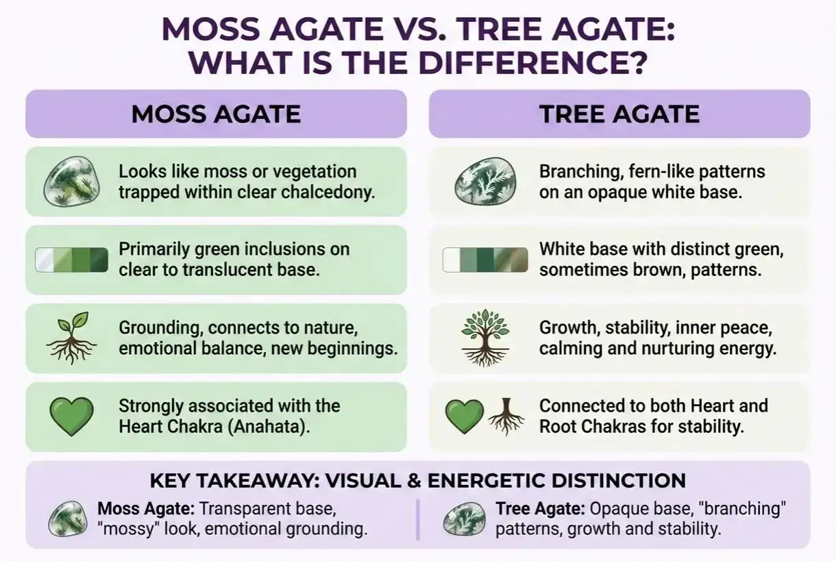 Moss Agate vs. Tree Agate: Visual and energetic distinctions. Moss Agate has a transparent base with mossy inclusions, while Tree Agate features branching patterns on an opaque base.