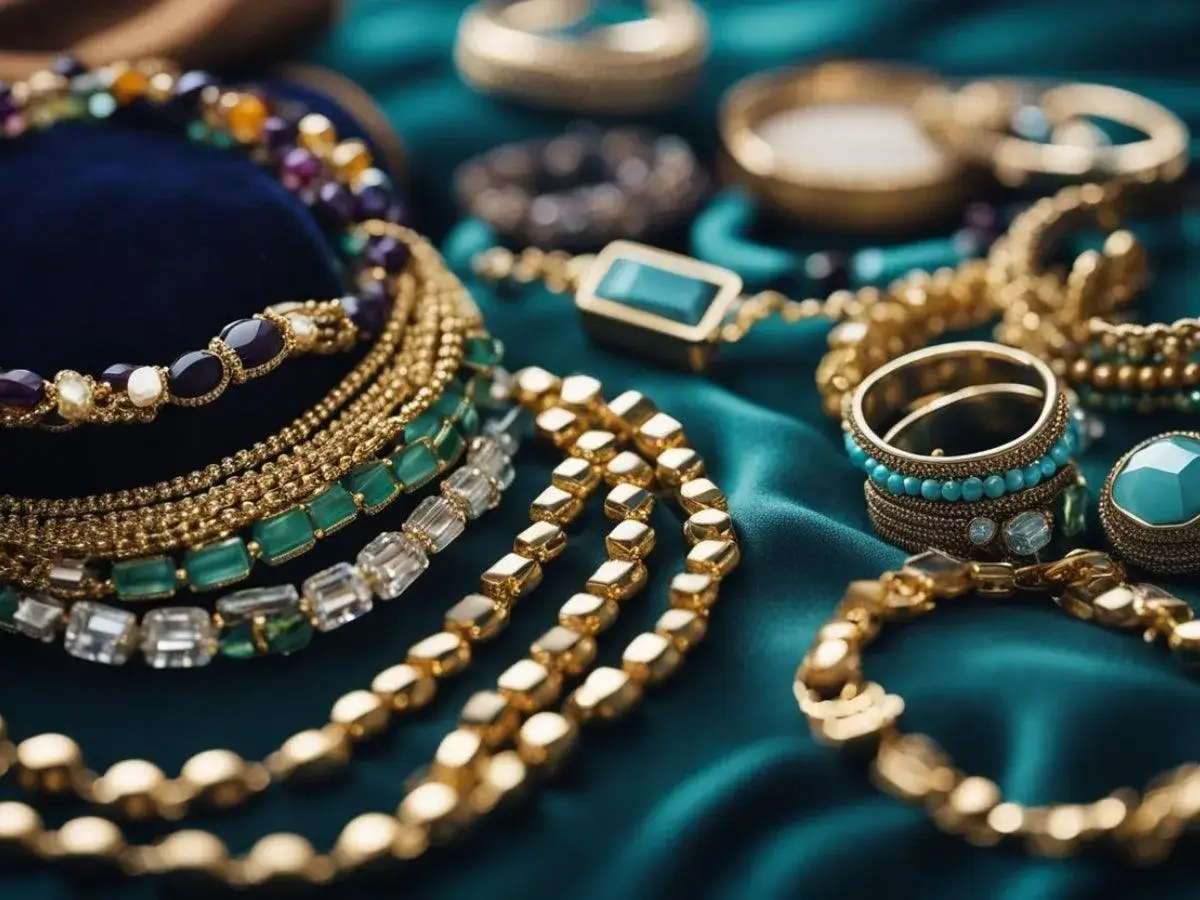 A collection of luxurious bracelet styles featuring gold chains, colorful gemstones like amethyst and emerald, and sparkling crystals.
