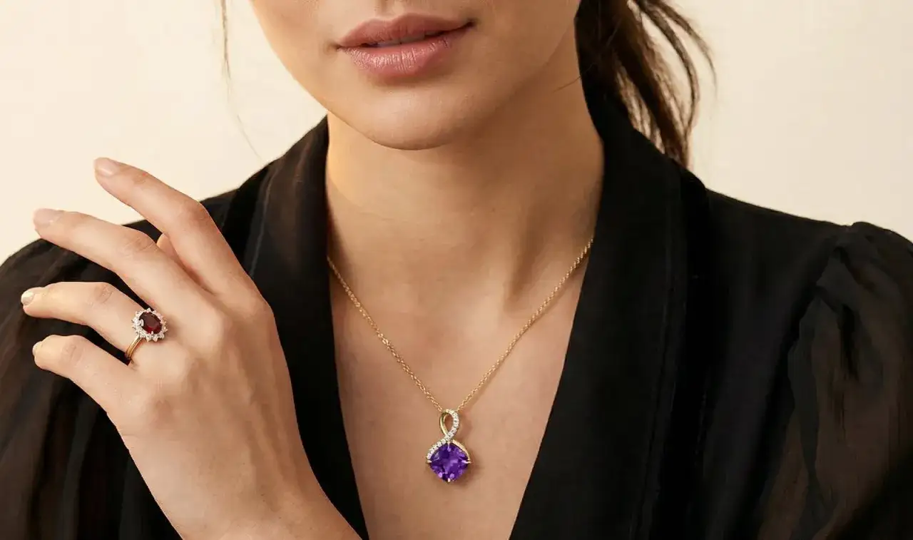 A woman wears a gold necklace with a vibrant purple aquarius stone pendant and a matching ring with a deep red stone.