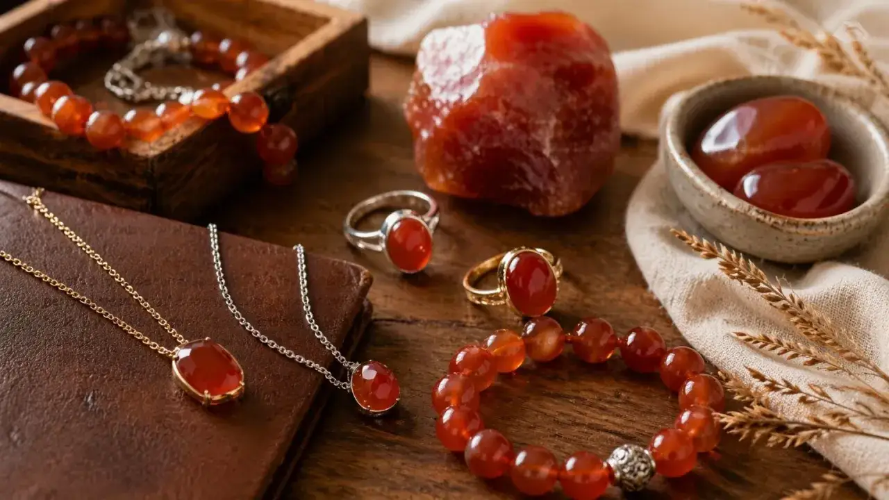 Carnelian jewelry, including necklaces, rings, and bracelets, displayed with raw stones. The vibrant orange stones evoke the carnelian spiritual meaning of courage and vitality.