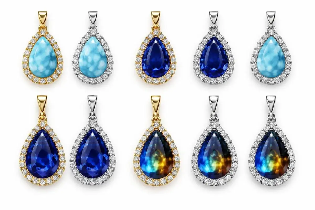A collection of teardrop pendants, featuring a stunning blue precious stone, some with a galaxy-like shimmer, others a serene sky blue, all framed by sparkling diamonds.