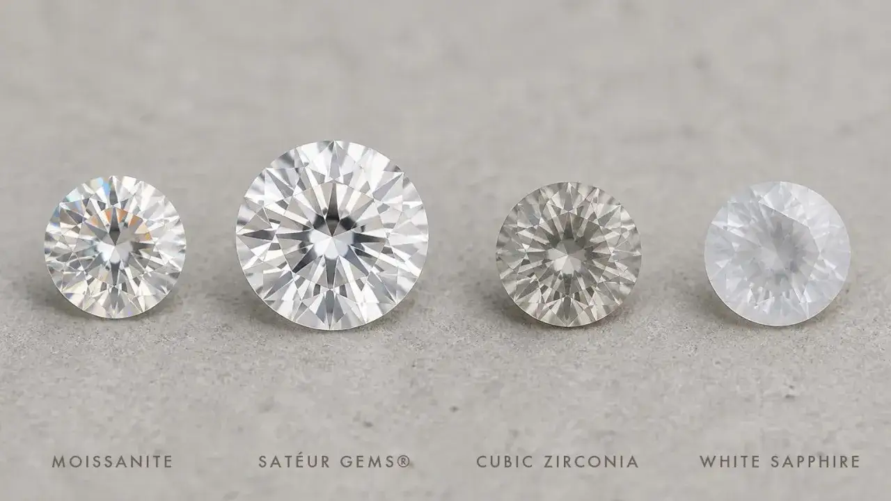 Four round, faceted gemstones are displayed: Moissanite, Sateur Gems&reg;, Cubic Zirconia, and White Sapphire. Understanding the simulated diamond meaning helps in choosing the right stone.