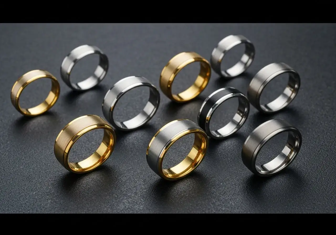 A collection of men's wedding bands in various metals like gold, silver, and black, showcasing the best metal for men's wedding band options.