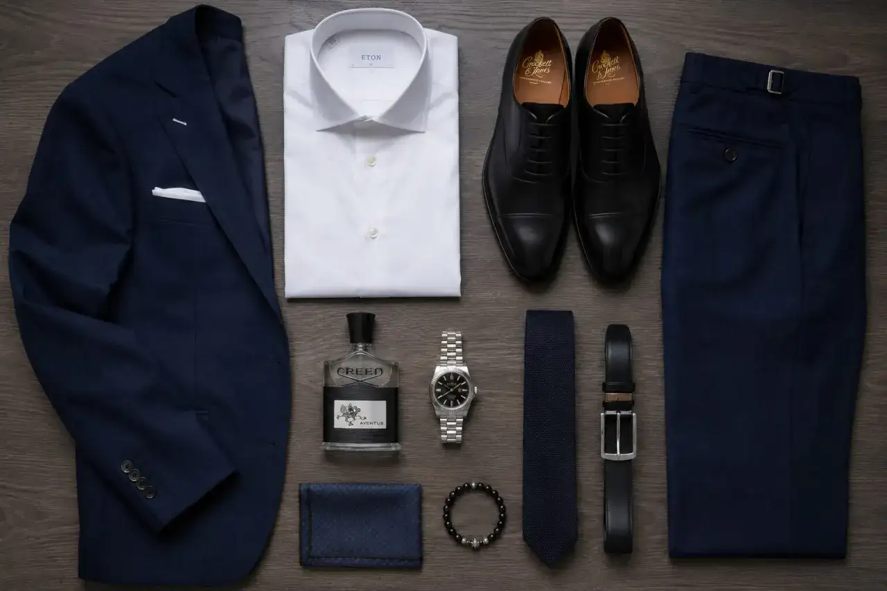 A flat lay of a navy suit, white shirt, black shoes, and accessories. This image showcases various types of cufflinks and other formal wear essentials for a polished look.