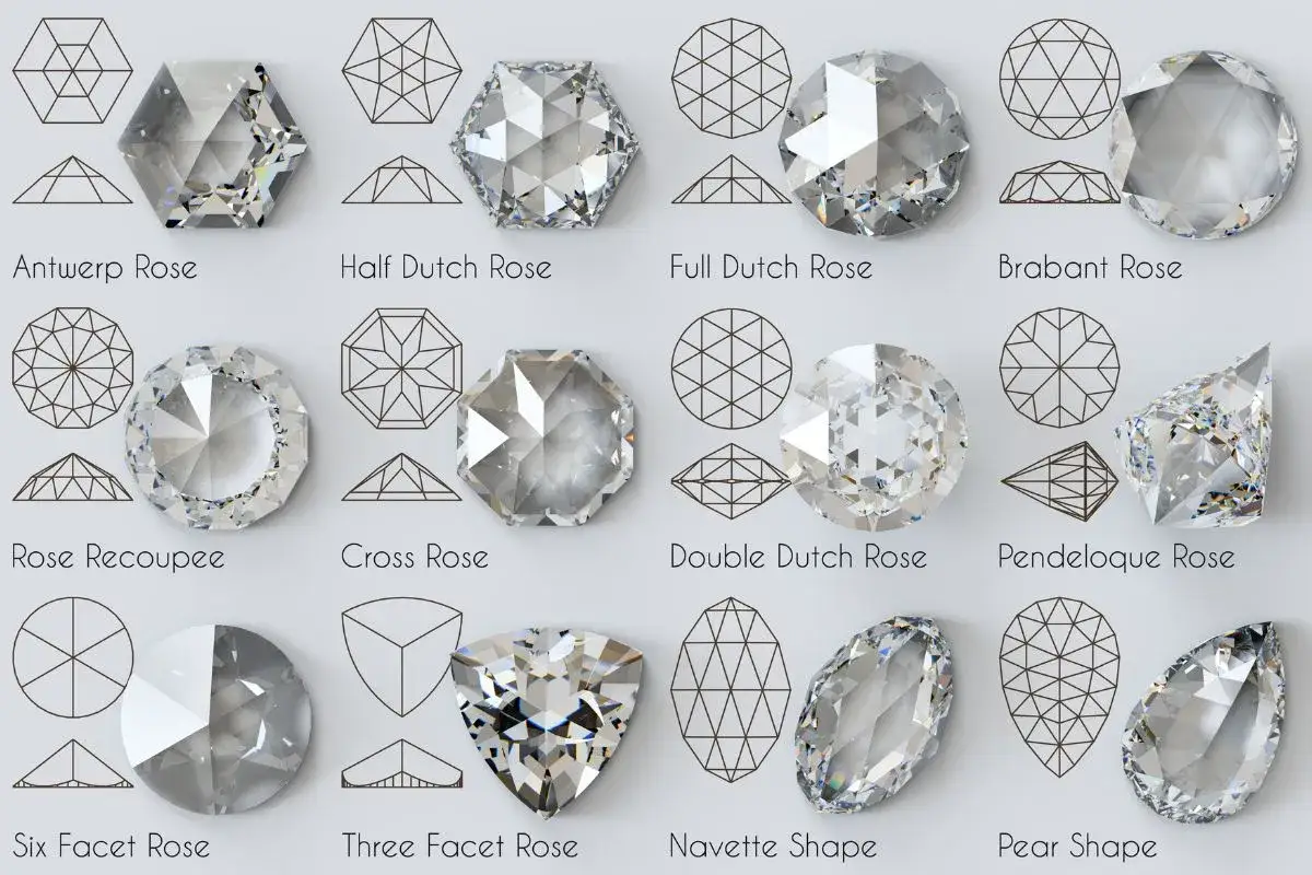A collection of diamonds showcasing various cuts and diamonds shape, from hexagonal Antwerp Rose to pear shape.